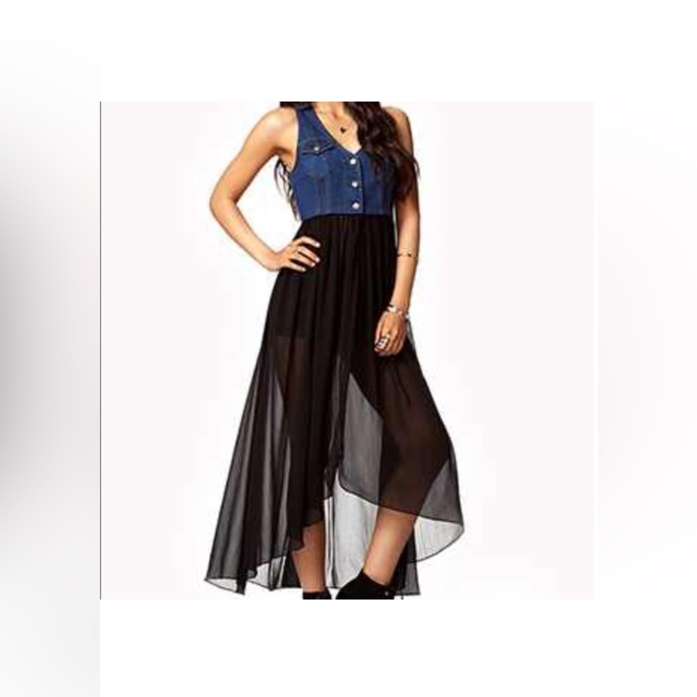 💎RARE💎FOREVER 21 Denim and Black Sheer Skirt Maxi Dress, Size Medium - Picture 2 of 7